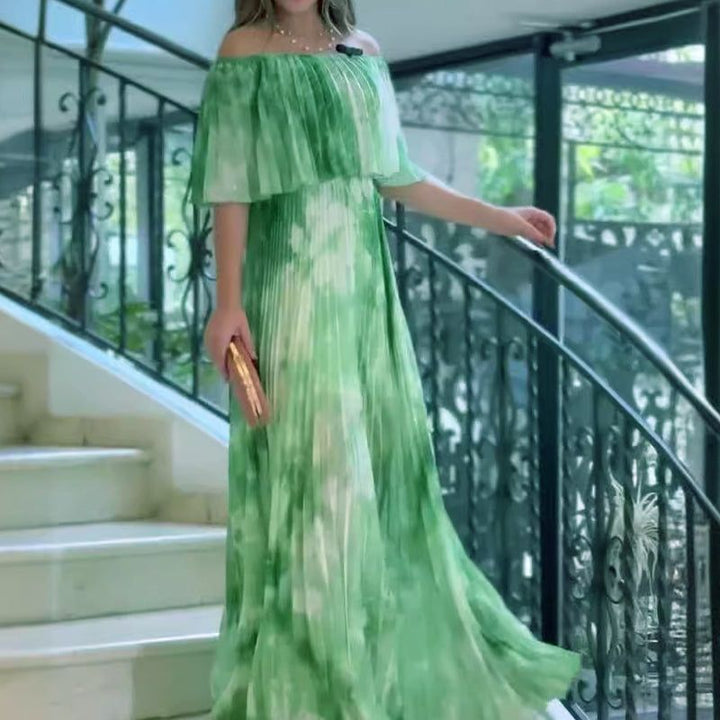 Tisknuté Plisované Off-Shoulder Šaty pro Elegantní Vzhled