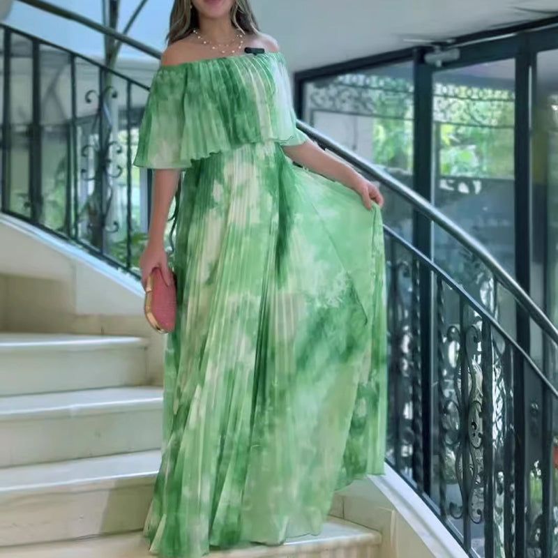 Tisknuté Plisované Off-Shoulder Šaty pro Elegantní Vzhled